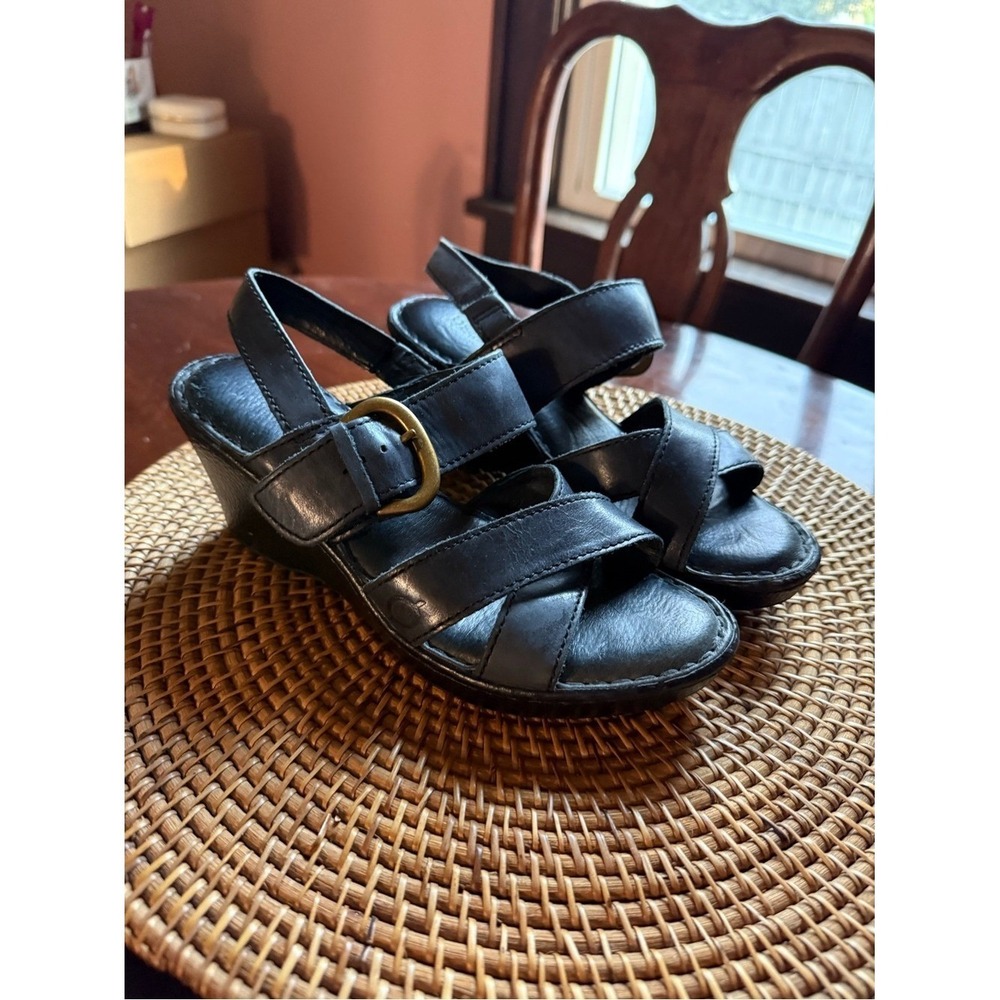 Born Dark Navy Leather Strappy Wedge Sandals